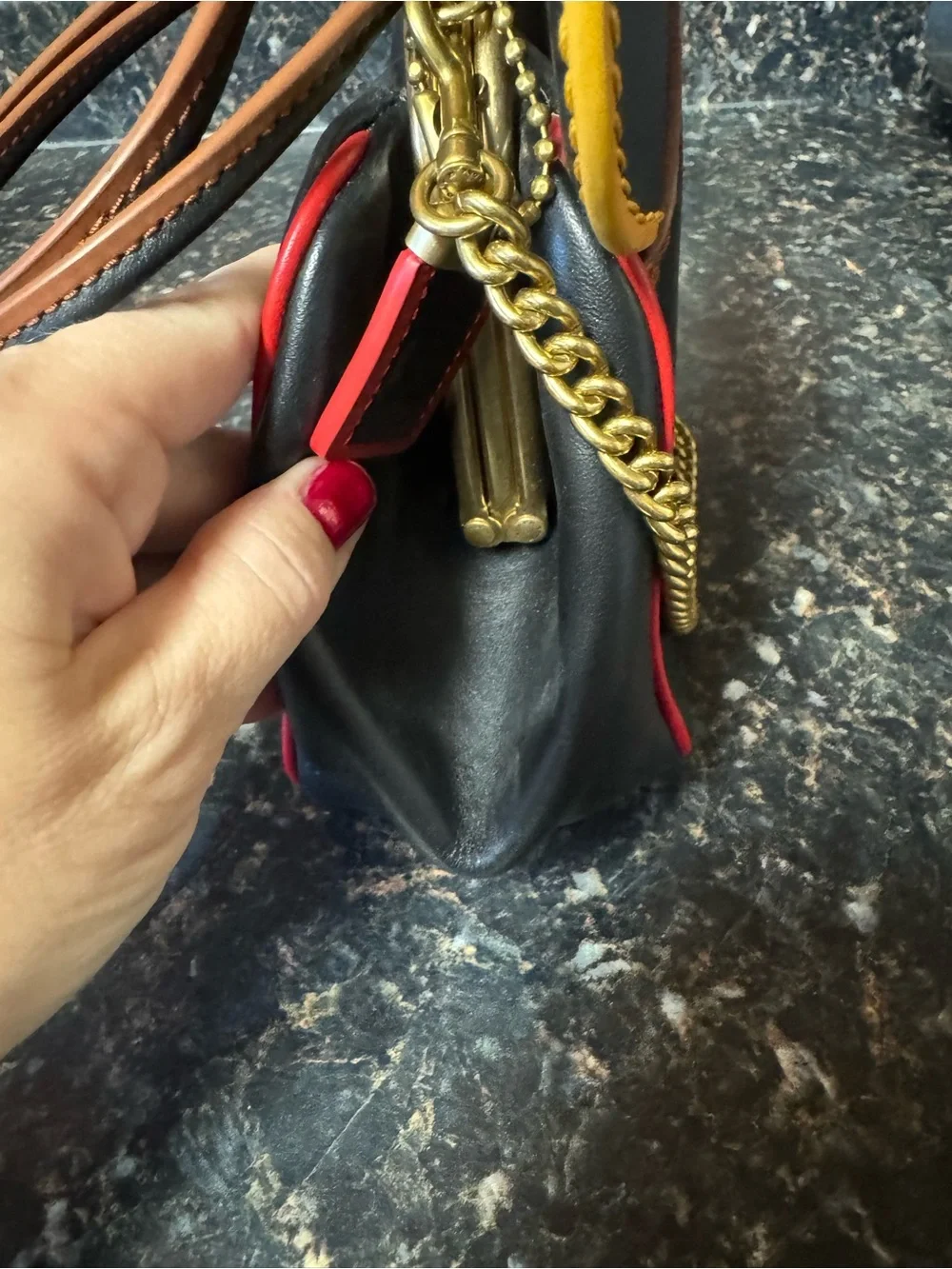 Coach Black Mini Bag with Yellow Ear Trim and Gold Chain